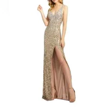 Mac Duggal Gold Sequin Slit Gown Size 10 $338