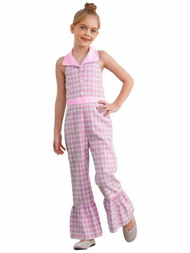 Kids Girls Rompers Backless Bodysuit Cosplay Overalls Plaid Jumpsuit Casual 70s - Picture 20 of 65