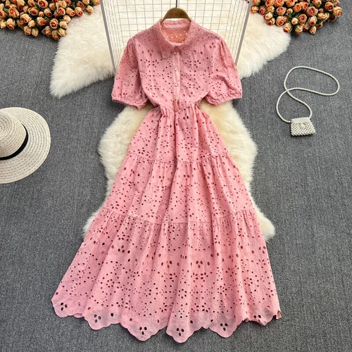 Mujeres Camisa Midi de Encaje Línea A Hueca Grande Swing Vestido Sólido Vacaciones de Verano - Imagen 16 de 25