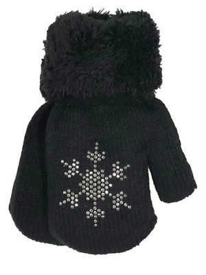 Toddler Girls Black Snowflake Plush Lined Winter Mittens with String Attachment