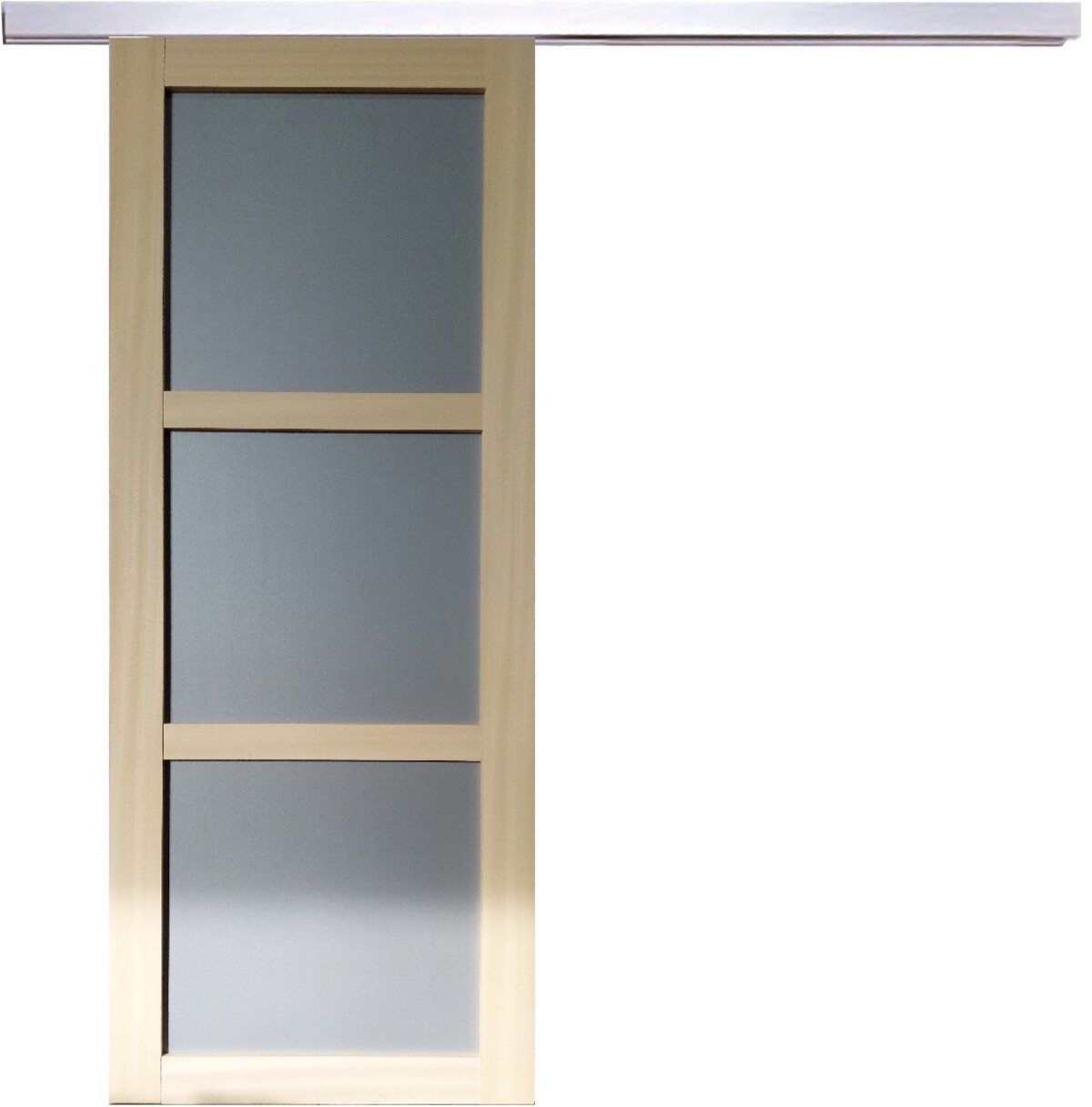 Porte coulissante en bois d'ayous 3 panneaux gris clair avec système de rail alu
