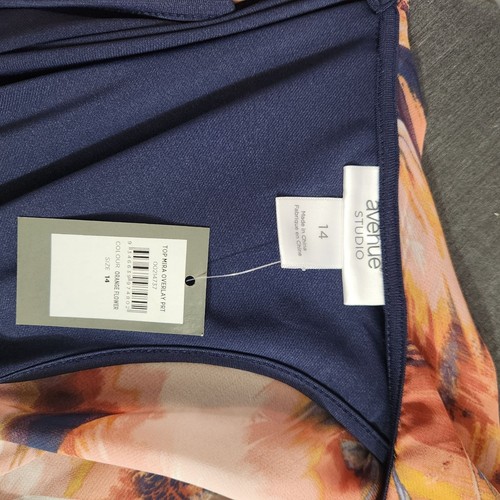 Top donna nuovo con etichette taglia 14 Avenue Studio arancione stampa fiori con sovrapposizione blu navy e tas - Foto 4 di 7