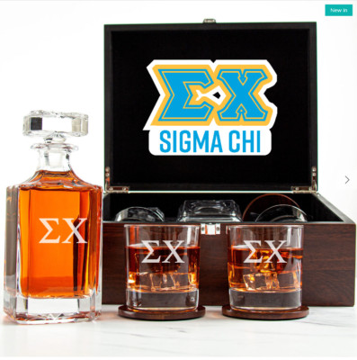 Sigma Chi - Fraternity Decanter and 2 Glasses In Wood Box Set