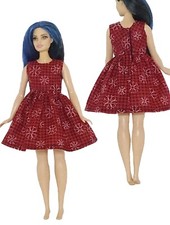 Dress handmade for Curvy Fashion Doll Clothes Red plaid Snowflake Cotton Print