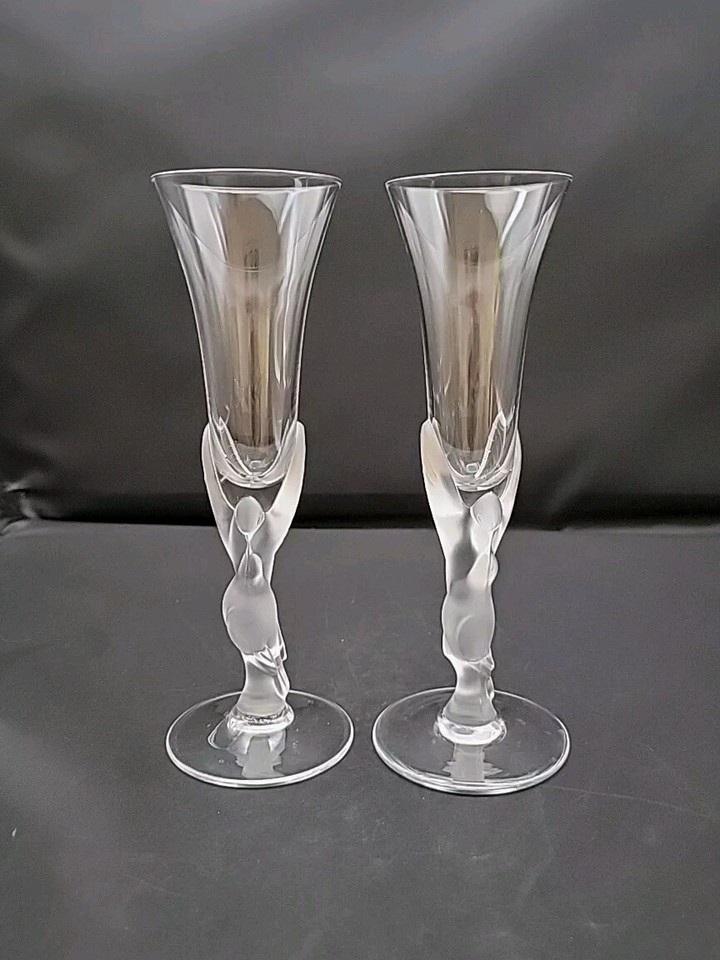 Faberge Frosted Glass Kissing Doves Stem Crystal Tall Cordial Glasses