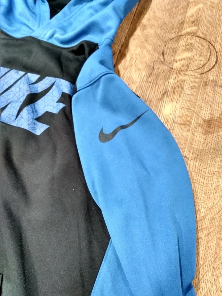 Nike Sweatshirt Youth XL Black & Blue Dri Fit Hoodie Swoosh High Neck