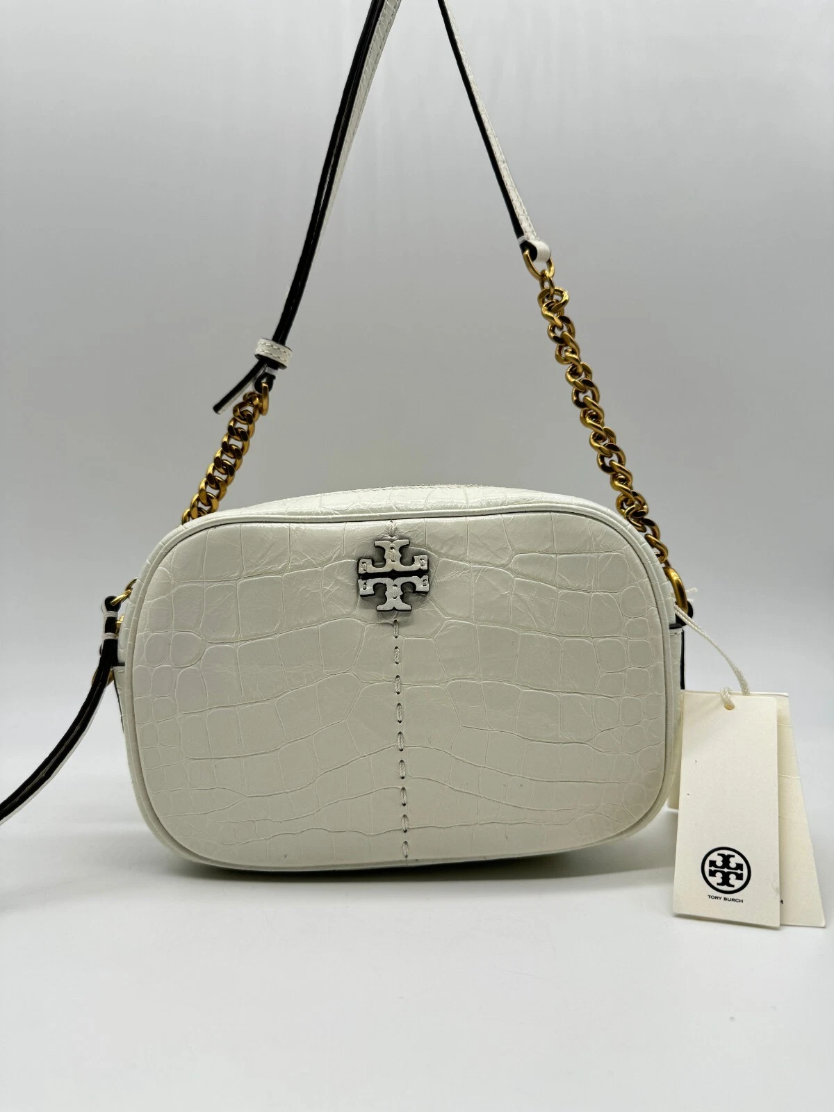 TORY BURCH McGraw piccola borsa per fotocamera a tracolla in pelle goffrata di coccodrillo Bianco
