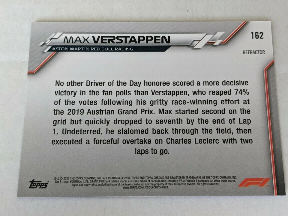 2020 Topps Chrome Formula 1 Refractor #162 Max Verstappen Austria Driver Day - Image 2 of 2