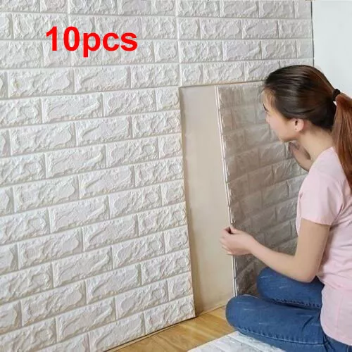 10pcs Foam 3D Tile Brick Wall Sticker Self-Adhesive DIY Wallpaper Panels  White