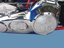 3-Hole Flame Derby and Oval Inspection Set Chrome for Harley Davidson by V-Twin