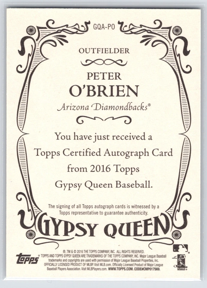2016 Topps Gypsy Queen Auto Peter O'Brien #GQA-PO Rookie Auto RC - Image 2 of 2