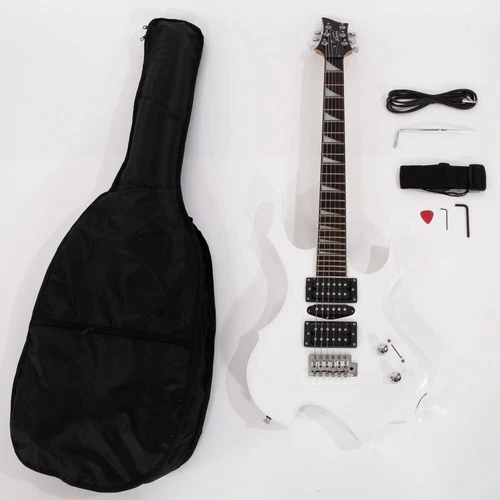White Glarry Flame Electric Guitar HSH Pickup Pack Strap Pick Cable Wrench Tool - Picture 3 of 12