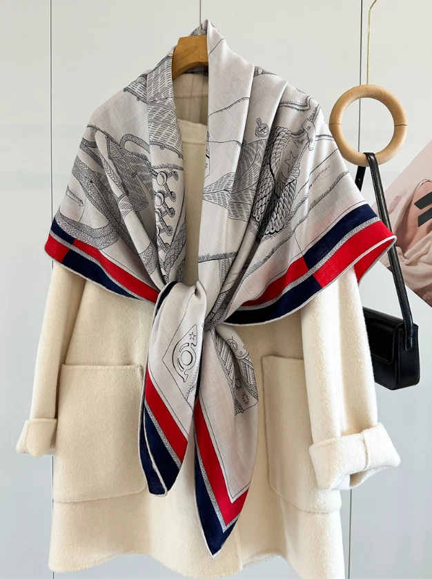 70% Cashmere 30% Silk Wrap Scarf Double Face Print Shawl 53'' Gray horse Print - Image 2 of 4