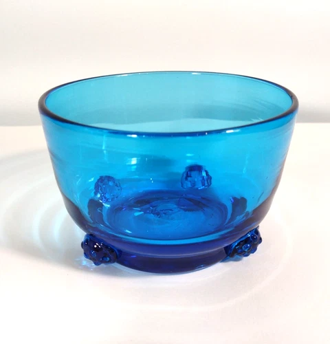 Vintage BLENKO ~ Blue Turquoise Bowl w/ Rosettes ~Hand Blown Glass 1940s~  4.25"