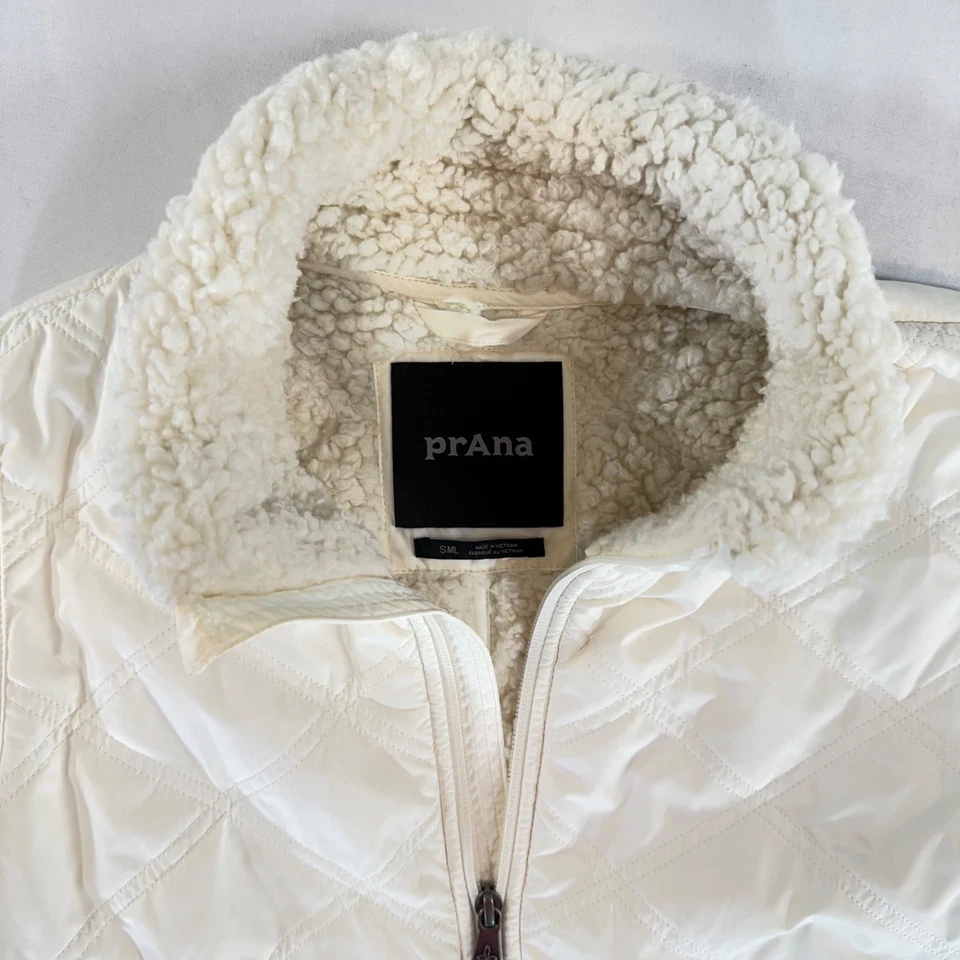 PrAna Mujer Acolchado Sherpa Forrado Chaleco Pequeño Blanco Crema Cremallera Frontal Chaleco Abombado Foto 3 de 4