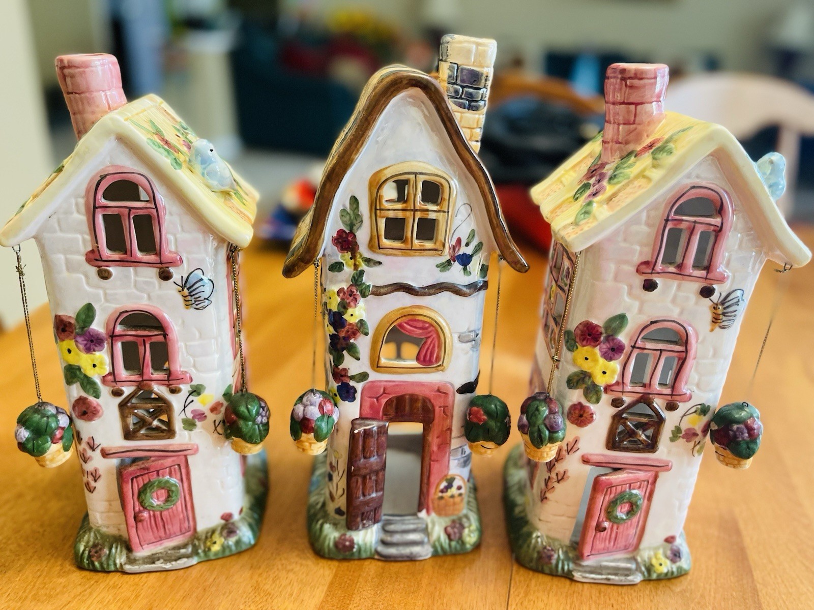 Vintage 3 Ceramic Cottage House Tea Light Candle Hldr w/ Hanging Flower Baskets