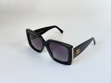 CHANEL 5435 Square Sunglasses Black Frame Gold Detail Gray LensesWomen Authentic