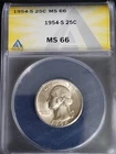 1954-S 25c Silver Uncirculated Washington Quarter MS 66 ANACS Free Shipping