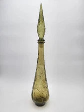 Vtg 22.75" Avocado Green Empoli Butterfly Floral Art Glass Bottle & Stopper MCM 