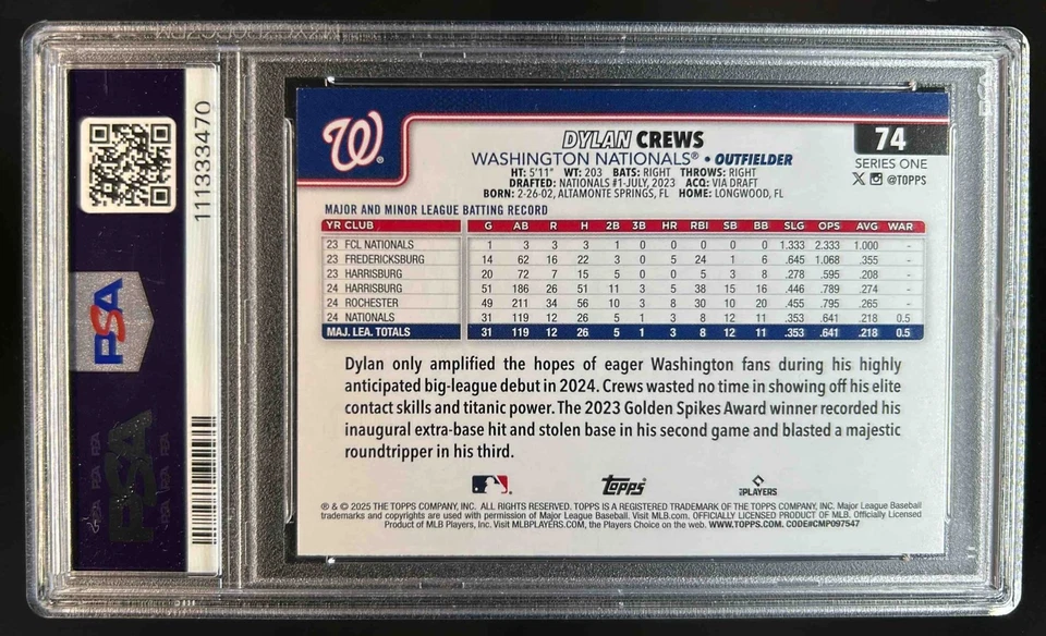 2025 Topps Dylan Crews RC Rookie #74 Nationals PSA 8.5 - Image 2 of 2