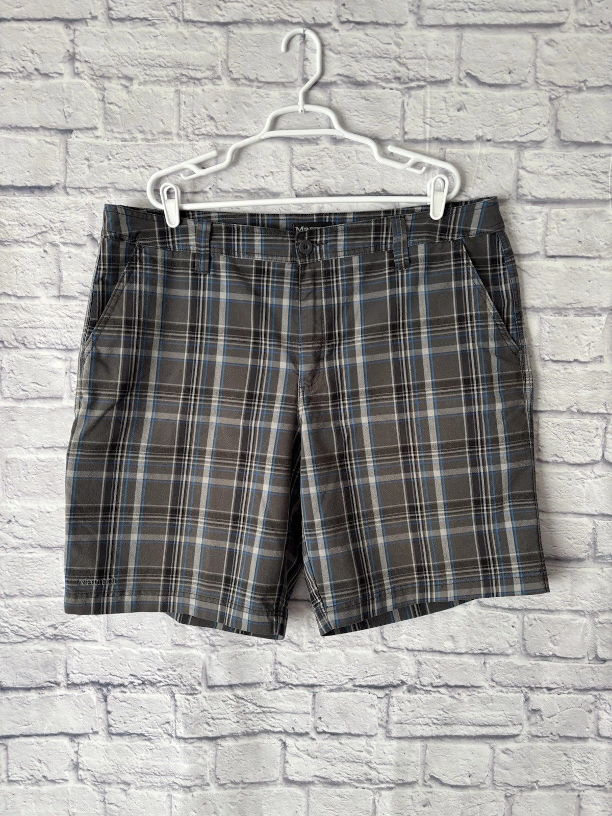 Marmot Men’s Plaid Shorts 40 42 Gray Blue Hike Fish Outdoor