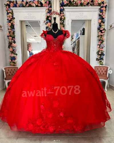 Red Quinceanera Dresses 3D Flowers Beading Sweet 15 16 Birthday Prom Ball Gown - Picture 2 of 9