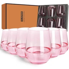 Pink Stemless Wine Glasses Set of 6-15oz Pink Wine Glass Cups, Pink Crystal D...