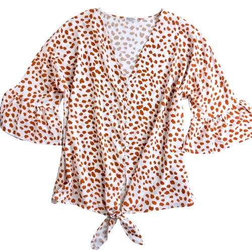 Kancystore Womens Rust Cheetah Print Tie Front Ruffle Bell Sleeve Blouse XL