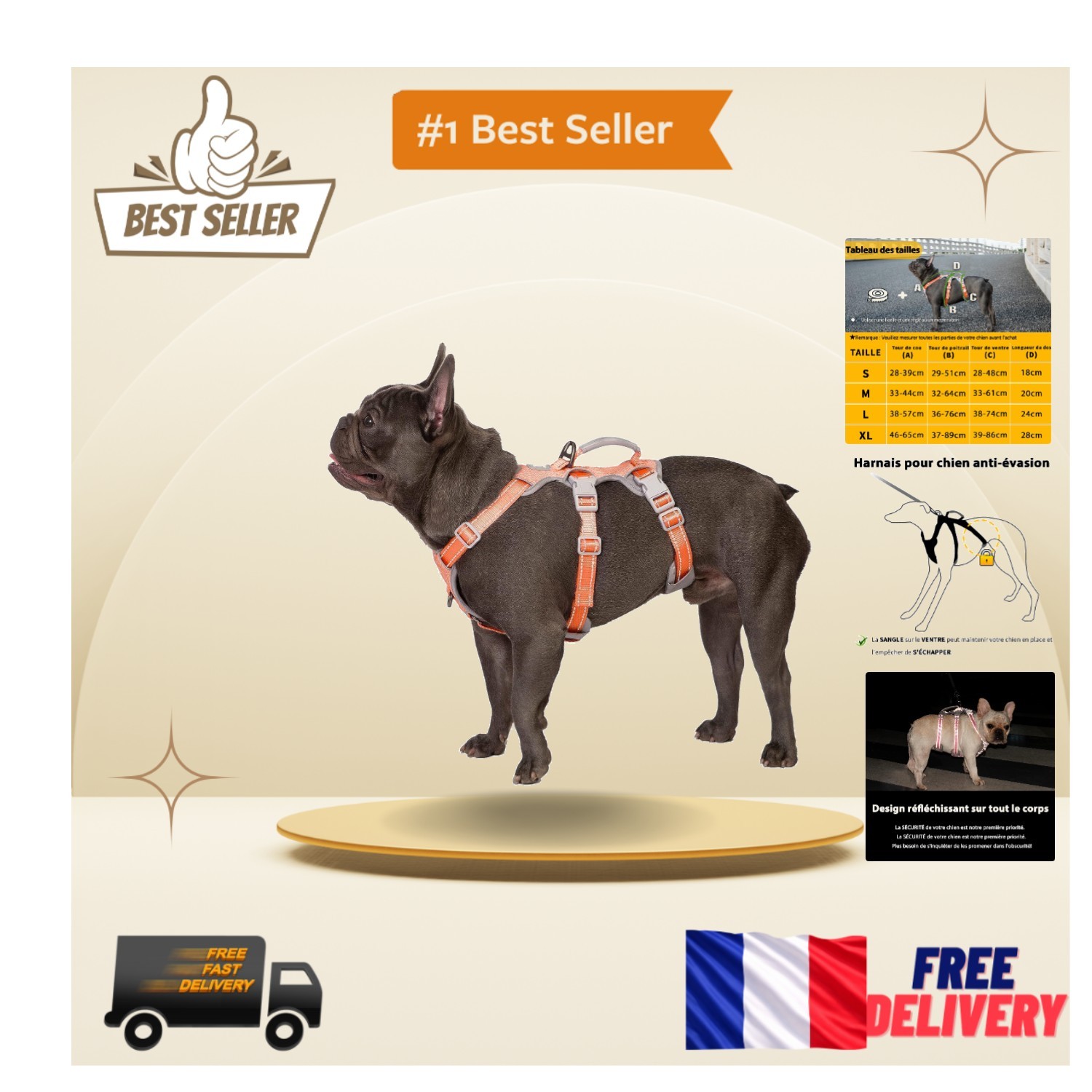 Harnais chien réfléchissant en nylon premium et mesh respirant S