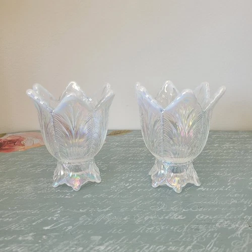 Fenton Art Glass Pink Chiffon Opal Opalescent Tulip Iridescent Candle Holders