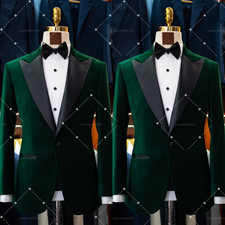 Velvet Men's Suit Peak Lapel Slim Fit Army Green 2Pcs Prom Evening Tuxedo Jacket