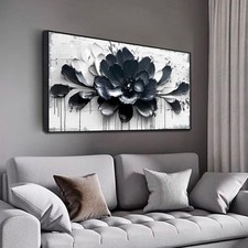 Flower Wall Art for Bedroom, Blue Black and White Canvas Wall Decor for Lving...