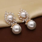 White Pearl CZ Halo Drop Earrings Gold Tone Party Wedding