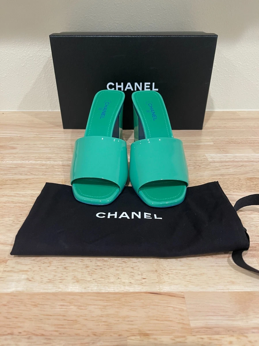 NIB CHANEL 2022 Cruise Patent Calfskin Green Turquoise Mules 38.5 7.5 SOLD  OUT