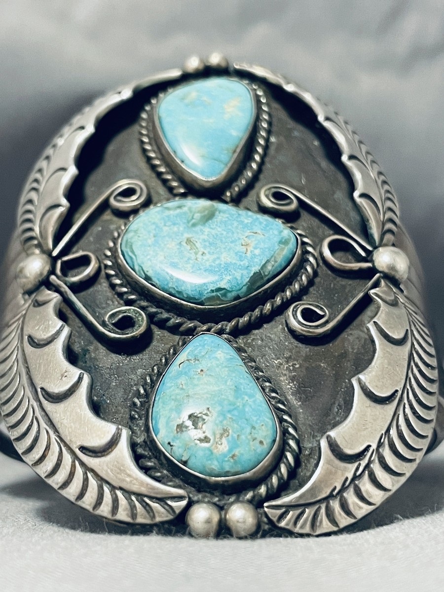 Outstanding Vintage Native American Navajo 3 Pilot Mountain Turquoise Sterling Silver Bracelet Outstanding Vintage Native American Navajo 3 Pilot Mountain Turquoise Sterling Silver Bracelet