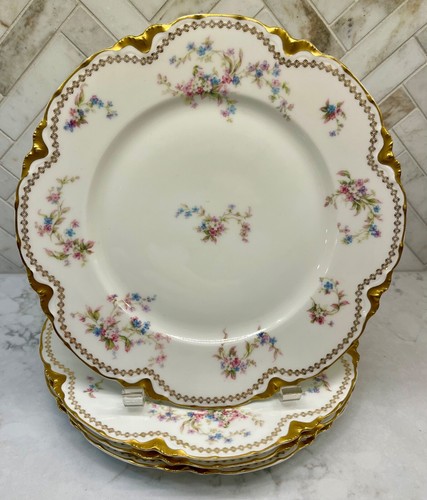 FOUR Double Gold Haviland Limoges Dinner Plates - Delicate Pink and Blue Flowers