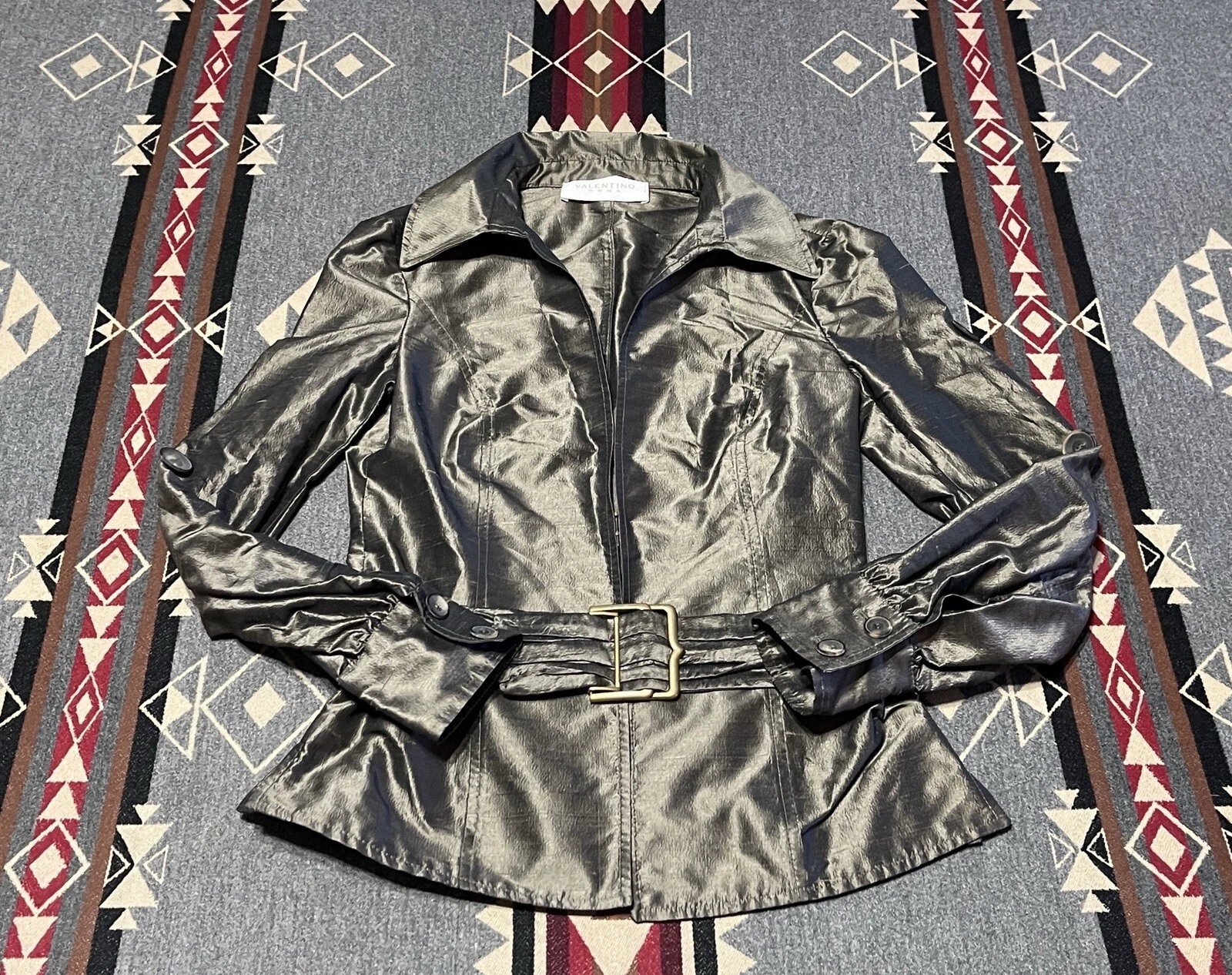 Giacca Valentino Roma misto seta taglia 40 4US grigio argento lucido metallizzato cintura 5