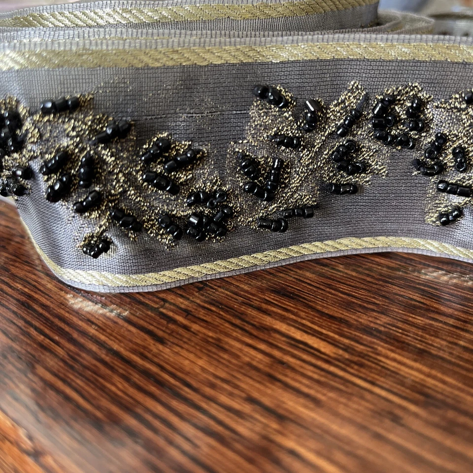 ELEGANT BEADED RIBBON 3 YARDS PLUS BLACK GOLD 1 3/4" WIDE GOLD EMBROIDERY   - Image 4 of 4