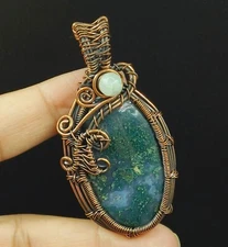 Copper Moss Agate Gemstone Copper Wire Wrapped Handmade Jewelry Pendant