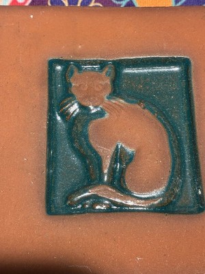 Mercer Moravian Pottery  CAT  Art Tile, Dark Green, Glazed,Terra-Cotta Frame
