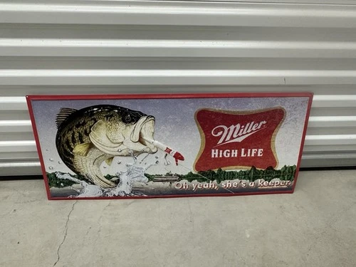 Vintage Miller High Life Metal Bass Fishing Beer Sign She's A Keeper 15"x36"