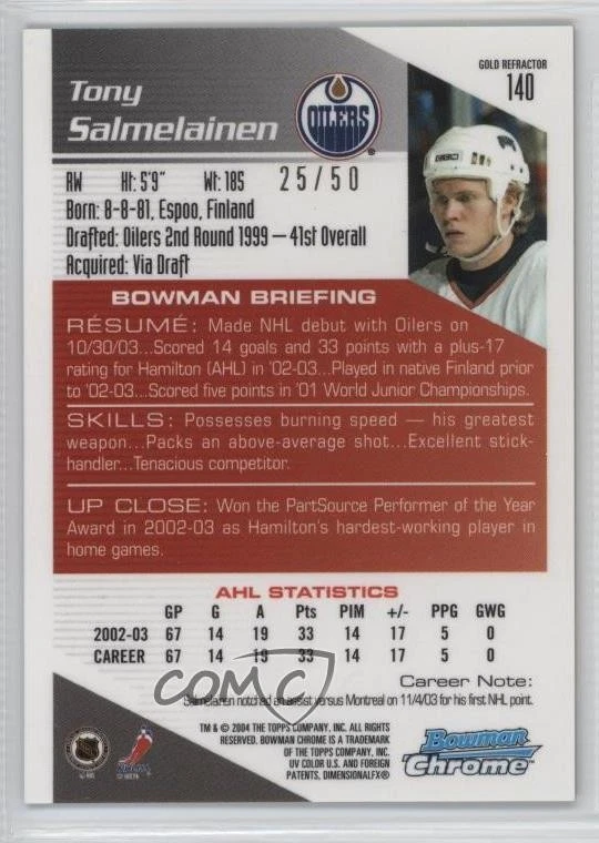 2003 Bowman Chrome Draft Picks & Prospects /50 Tony Salmelainen #140 Rookie RC - Image 2 of 2
