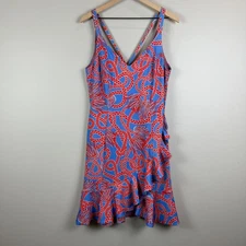 Gretchen Scott Jersey Swelt Dress Womens S Blue Red Ruffle Hem Tassle Time Scuba