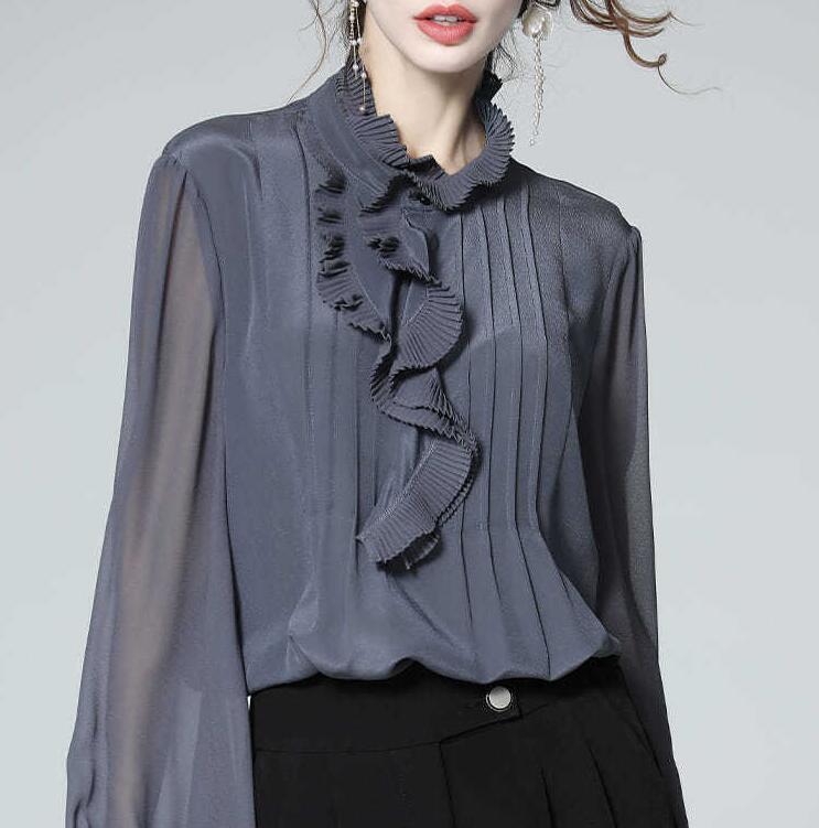 Womens Long Sleeve Formal Shirts Tops Pullover Frilly Ruffle