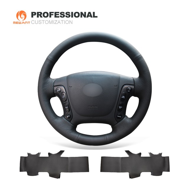 MEWANT Black Genuine Leather Steering Wheel Cover for Hyundai Santa Fe