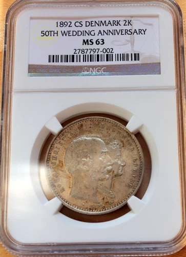 1892 Denmark 2 Kroner Silver Golden Wedding Anniversary NGC MS63