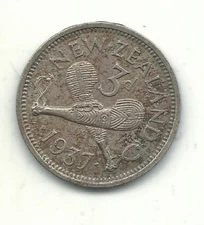HIGH GRADE 1937 NEW ZEALAND SILVER 3 PENCE-KING GEORGE VI-APR549