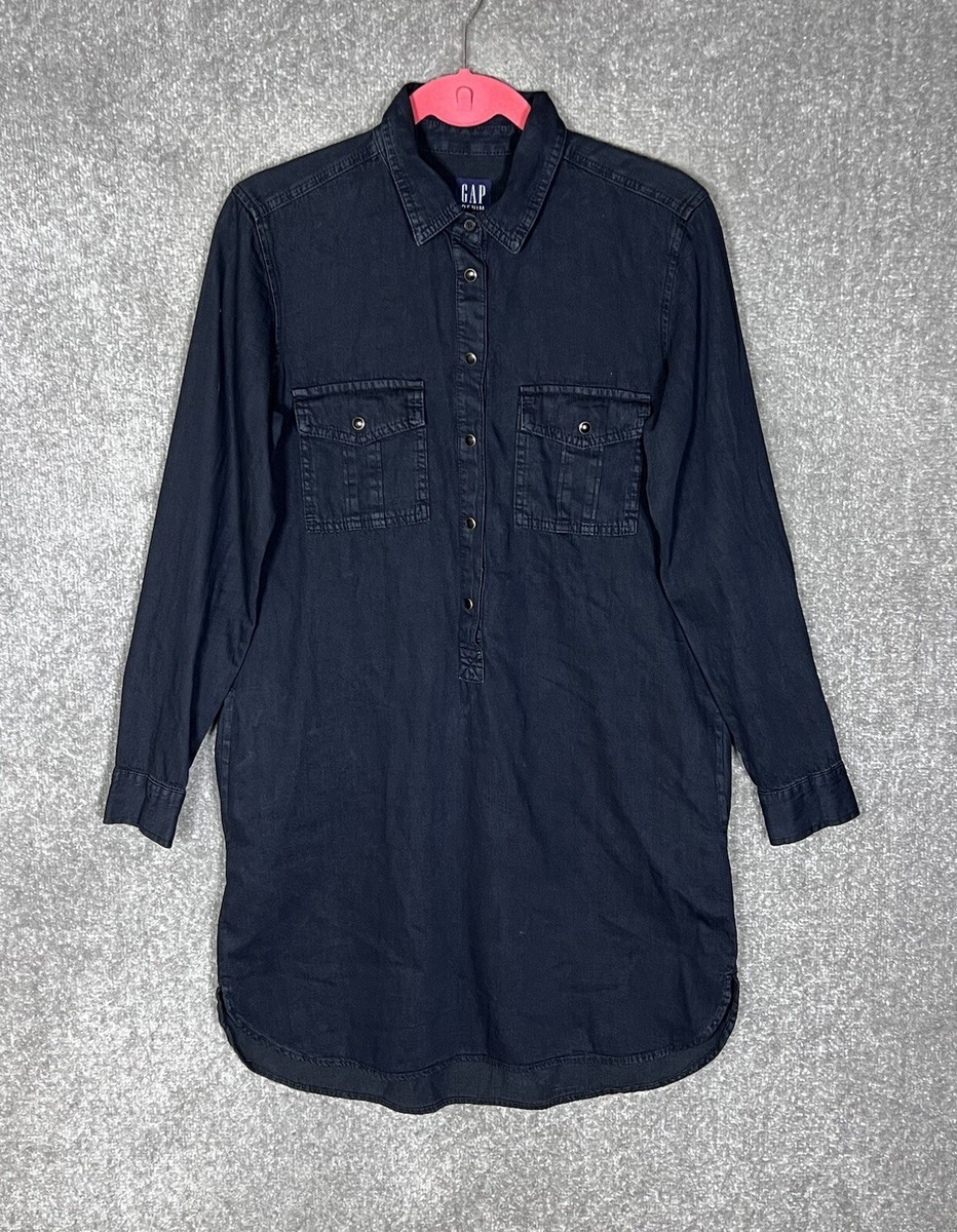Gap Denim Popover Snap Shirt Dress Womens Size S Oversized Black Wash  Pockets
