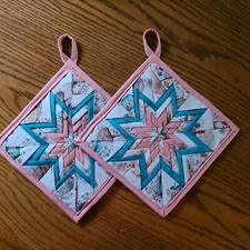 Handmade Hot Pads/Trivets - Amish Folded Star Thick - "Mushrooms & Posies"