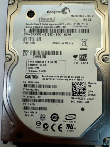 DELL RK533 ST9160823ASG 9S523G-031 160GB 7.2K RPM 8MB CACHE 3Gb/s SATA 2.5" HDD - Picture 2 of 7